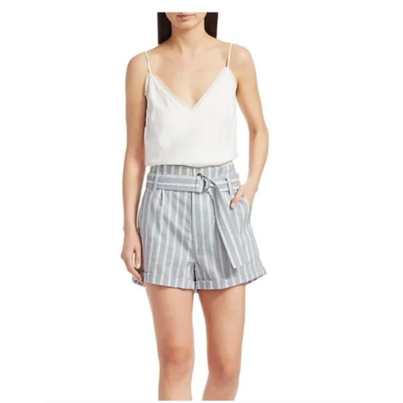 Frame Chambray and White Stripe Paperbag A-Line Linen Blend Shorts Size 6 - Picture 1 of 11